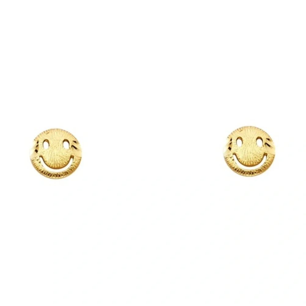 14k Gold Happy Face Emoji Round Stud Earrings